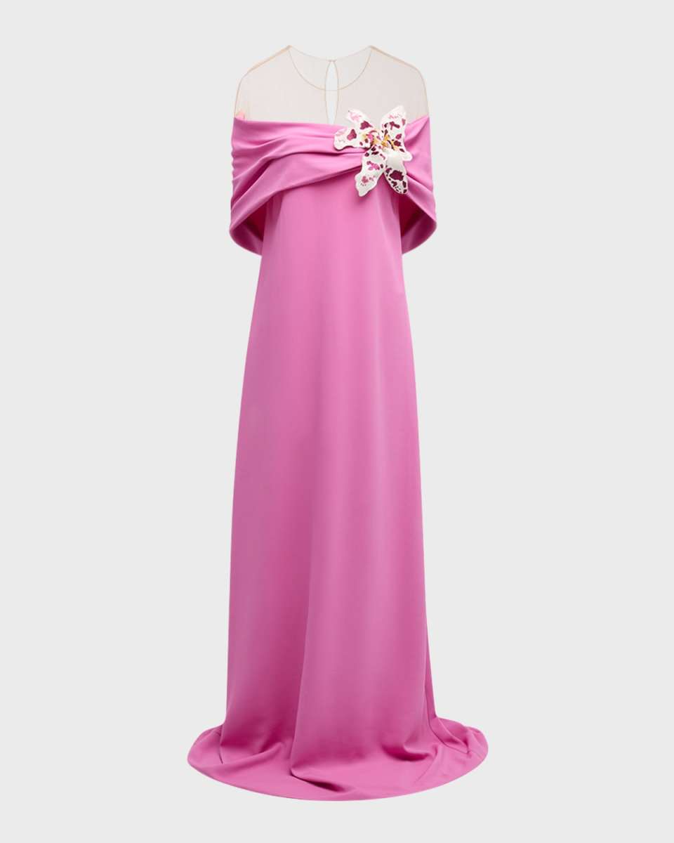 Watercolor Orchid Off-The-Shoulder Illusion Caftan Gown